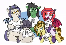 Size: 1024x700 | Tagged: safe, artist:jargon scott, derpibooru import, oc, oc:anon-mare, oc:arrhythmia, oc:dot matrix, oc:java chip, oc:snusnu, unofficial characters only, bat pony, earth pony, pony, succubus, succubus pony, unicorn, bat pony oc, bat wings, belly button, bipedal, chubby, clothes, fat, female, floppy ears, image, jpeg, looking at you, mare, ponies riding ponies, riding, simple background, socks, white background, wings