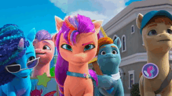 Size: 1280x716 | Tagged: safe, derpibooru import, screencap, misty (g5), sunny starscout, pony, my little pony: make your mark, my little pony: make your mark chapter 2, spoiler:g5, spoiler:my little pony: make your mark chapter 2, ali-conned, almost caught, animated, crowd, determined, female, freudian slip, g5, hat, heart, image, male, mare, panicking, sign, sound, stallion, sunglasses, toots, unshorn fetlocks, webm