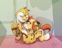 Size: 1300x1000 | Tagged: safe, artist:pomf19, derpibooru import, oc, oc:beaky, oc:sivka, unofficial characters only, earth pony, gryphon, fanfic:yellow feathers, image, jpeg, shipping, snuggling