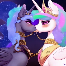 Size: 1024x1024 | Tagged: suggestive, derpibooru import, machine learning generated, princess celestia, princess luna, alicorn, pony, bdsm, chains, female, horn, image, incest, jewelry, kissing, lesbian, png, princest, regalia, shipping, siblings, sisters, wings