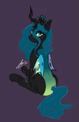 Size: 379x580 | Tagged: safe, artist:fandrawsart, derpibooru import, queen chrysalis, bug pony, changeling, changeling queen, insect, art block, back turned to viewer, colored, cute, cutealis, fangs, female, full body, gradient, image, inconsistent lineart colors, jewelry, lidded eyes, looking at you, lowres, png, quick draw, regalia, simple background, sitting, soft, solo, turned away, waifu, what is anatomy, whispy mane