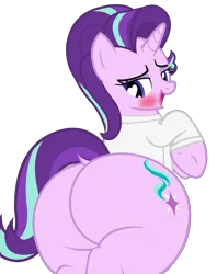 Size: 4305x5430 | Tagged: suggestive, artist:duskyzombie, derpibooru import, starlight glimmer, pony, unicorn, blushing, butt, clothes, cute, derpibooru exclusive, female, glimmer glutes, glimmerbetes, high res, image, large butt, looking back, mare, plot, png, simple background, smiling, solo, the ass was fat, transparent background, vector