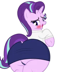 Size: 4305x5430 | Tagged: suggestive, alternate version, artist:duskyzombie, derpibooru import, starlight glimmer, pony, unicorn, blushing, butt, clothes, derpibooru exclusive, dock, female, glimmer glutes, heart, heart eyes, high res, image, large butt, looking back, mare, open mouth, open smile, plot, png, simple background, skirt, smiling, solo, tail, the ass was fat, transparent background, vector, wingding eyes