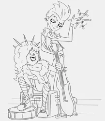 Size: 1058x1221 | Tagged: safe, artist:beesinmyshoes, artist:rachel colucci, derpibooru import, zipp storm, human, g5, amplifier, bracelet, clothes, drumsticks, duo, ear piercing, earring, eyebrow piercing, female, guitar, hair over one eye, humanized, image, jacket, jewelry, jpeg, leggings, lidded eyes, lineart, looking back, misty brightdawn, monochrome, musical instrument, pants, piercing, punk, shoes, skirt, spiked headband, spiked wristband, spinning, winged humanization, wings, wristband