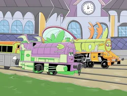 Size: 3600x2700 | Tagged: safe, artist:heart-of-a-dragoness, derpibooru import, spike, thorax, changedling, changeling, dragon, canterlot, commission, image, inanimate tf, png, story included, train, train station, trainified, transformation