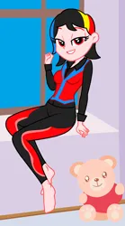 Size: 736x1320 | Tagged: safe, artist:robertsonskywa1, derpibooru import, equestria girls, barefoot, breasts, clothes, feet, image, jpeg, leggings, photo, plushie, seductive pose, sexy, solo, teddy bear, tight clothing, transformers, windblade