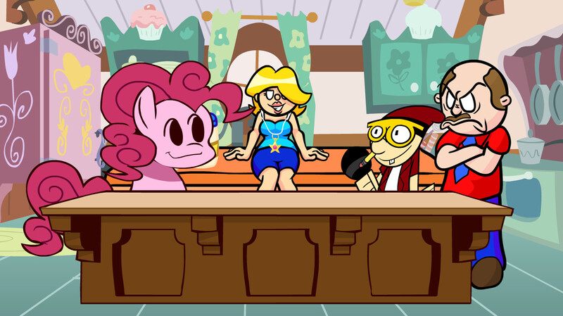 Size: 1409x791 | Tagged: safe, artist:bbpanzu, artist:carrmay, artist:ghostoast, artist:loladreamteam, pinkie pie, earth pony, human, pony, angry, arms folded, counter, cupboard, cupcake, female, flower, food, friday night funkin', frying pan, funkin' is magic, gem, glasses, hat, human puppet, image, jeffy, jewelry, jpeg, kitchen, male, mare, mario, marvin, mayonnaise, microphone, necklace, necktie, oven, pencil, rapper, rose, sauce, sitting, smiling, stars, sugarcube corner, supermariologan