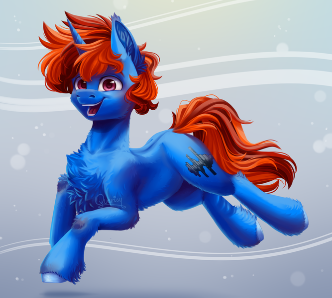 Size: 2000x1800 | Tagged: safe, artist:querisy, derpibooru import, oc, oc:whirling flow, unofficial characters only, pony, unicorn, chest fluff, image, looking at you, male, png, prancing, smiling, smiling at you, solo, stallion, two toned mane, unshorn fetlocks