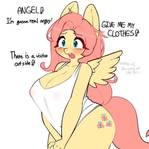 Size: 2048x2048 | Tagged: questionable, artist:jupiter, derpibooru import, fluttershy, anthro, pegasus, adorasexy, big breasts, blushing, bottomless, breasts, busty fluttershy, butt, cleavage, clothes, crying, curvy, cute, cutie mark, dialogue, female, huge butt, image, implied angel bunny, jpeg, large butt, nipples, nudity, open mouth, partial nudity, pulling clothes, sexy, shirt, shyabetes, solo, solo female, spread wings, talking, text, wingboner, wings