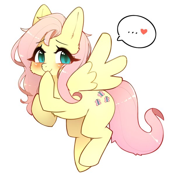 Size: 2500x2500 | Tagged: safe, artist:jupiter, derpibooru import, fluttershy, pegasus, pony, ..., blushing, cute, heart, image, jpeg, shyabetes, simple background, speech bubble, white background