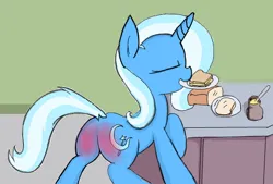 Size: 564x382 | Tagged: artist needed, safe, derpibooru import, trixie, pony, unicorn, bread, butt, female, food, image, mare, mouth hold, plate, png, sandwich, solo, spanked, table