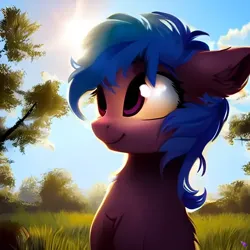 Size: 1024x1024 | Tagged: safe, derpibooru import, machine learning generated, purplesmart.ai, stable diffusion, oc, unnamed oc, earth pony, fluffy pony, pony, cloud, cute, day, ear fluff, grass, happy, heterochromia, image, messy mane, png, smiling, sun, tree