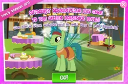 Size: 1961x1296 | Tagged: safe, derpibooru import, official, husani, earth pony, pony, clothes, egyptian, egyptian pony, english, gameloft, green coat, green fur, green mane, green tail, headband, image, jpeg, male, solo, solo focus, somnambula resident, stallion, tail, text