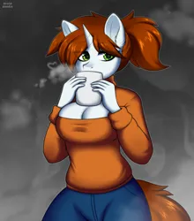 Size: 2000x2268 | Tagged: suggestive, artist:alunedoodle, derpibooru import, oc, oc:stone, anthro, unicorn, boobshot, breasts, bust, clothes, coffee, coffee mug, commission, cup, denim, female, image, jeans, mug, pants, png, ponytail, portrait, solo, solo female, sweater, ych result, your character here