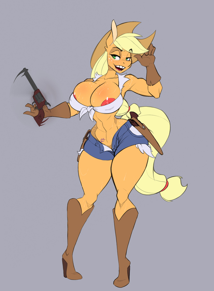 Size: 1945x2638 | Tagged: questionable, artist:lil miss jay, derpibooru import, applejack, anthro, earth pony, abs, areola, breasts, busty applejack, cleavage, clothes, daisy dukes, female, freckles, front knot midriff, gray background, gun, handgun, hat, hips, image, jpeg, kiss mark, lipstick, midriff, muscles, nipple slip, nipples, nudity, revolver, shorts, simple background, solo, solo female, sweat, thighs, unzipped, wardrobe malfunction, weapon
