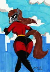 Size: 1992x2858 | Tagged: safe, artist:newyorkx3, derpibooru import, oc, oc:casey, unofficial characters only, anthro, earth pony, anthro oc, ass, butt, city, clothes, cloud, costume, domino mask, earth pony oc, elastigirl, grin, helen parr, high res, image, jpeg, looking at you, looking back, looking back at you, mask, mrs. incredible, rear view, running, signature, sky, smiling, smiling at you, solo, superhero costume, the incredibles, traditional art