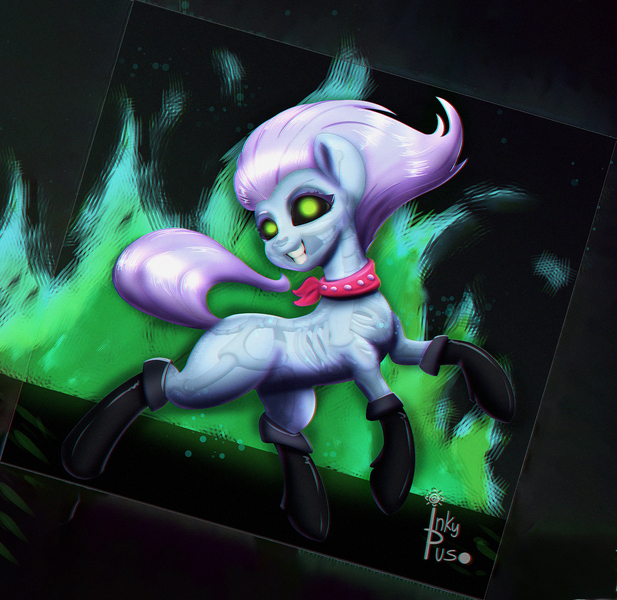 Size: 1250x1216 | Tagged: safe, artist:inkypuso, derpibooru import, skellinore, earth pony, pony, skeleton pony, the break up breakdown, bone, boots, clothes, female, fire, green fire, grin, image, jpeg, looking at you, mare, rearing, shoes, signature, skeleton, smiling, smiling at you, solo, transparent flesh