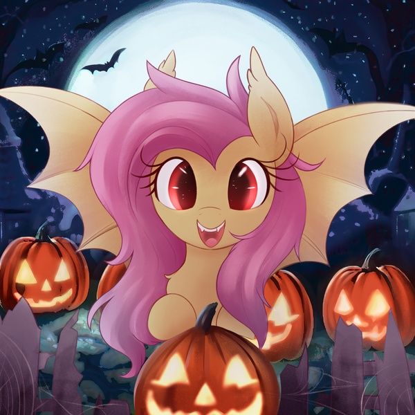Size: 3000x3000 | Tagged: safe, artist:illusion, derpibooru import, fluttershy, bat, bat pony, pony, bat ponified, cute, female, flutterbat, full moon, halloween, holiday, image, jack-o-lantern, jpeg, looking at you, mare, moon, nightmare night, open mouth, open smile, pumpkin, race swap, shyabates, shyabetes, smiling, smiling at you, solo, spread wings, wings
