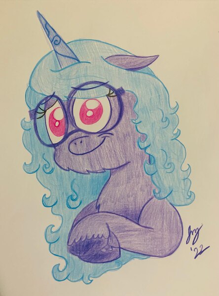 Size: 2917x3944 | Tagged: safe, artist:jesslmc16, derpibooru import, izzy moonbow, unicorn, my little pony: make your mark, bust, chest fluff, colored, crossed arms, cute, drawing, ears, female, floppy ears, g5, glasses, image, izzybetes, jpeg, looking at you, portrait, smiling, smiling at you, solo, traditional art, unicycle