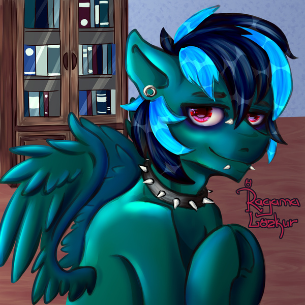 Size: 2560x2560 | Tagged: safe, derpibooru import, oc, pegasus, pony, bookshelf, collar, image, jpeg, piercing, solo