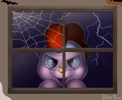 Size: 1000x825 | Tagged: safe, artist:binkyroom, derpibooru import, pinkie pie, earth pony, pony, mlp fim's twelfth anniversary, animal costume, chicken pie, chicken suit, clothes, costume, decoration, halloween, halloween costume, holiday, image, lightning, looking at you, lurking, png, solo, spider web, spooky