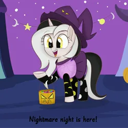 Size: 3000x3000 | Tagged: safe, artist:bestponies, derpibooru import, oc, oc:diamond horseshoe, unofficial characters only, pony, unicorn, candy, clothes, costume, cute, decoration, female, food, halloween, halloween costume, hat, holiday, horn, image, jpeg, mare, nightmare night, open mouth, open smile, pumpkin, smiling, socks, solo, unicorn oc, witch costume, witch hat, yellow eyes