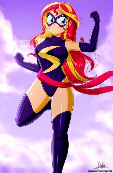 Size: 1020x1560 | Tagged: safe, artist:the-butch-x, derpibooru import, sunset shimmer, human, equestria girls, breasts, busty sunset shimmer, captain marvel (marvel), commission, female, image, jpeg, solo, superhero