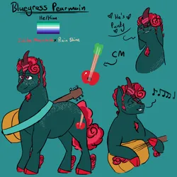 Size: 2126x2126 | Tagged: safe, artist:lieutenantcactus, derpibooru import, oc, oc:bluegrass pearmain, unofficial characters only, hybrid, pony, body freckles, cloven hooves, freckles, guitar, image, interspecies offspring, kirin hybrid, male, music notes, musical instrument, offspring, parent:big macintosh, parent:rain shine, png, pride flag, pronouns, simple background, solo, stallion, teal background