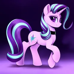 Size: 1024x1024 | Tagged: safe, derpibooru import, editor:siber, machine learning generated, stable diffusion, starlight glimmer, pony, unicorn, choker, female, image, looking at you, mare, png, raised leg, solo, walking, wrong cutie mark