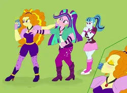 Size: 2196x1596 | Tagged: suggestive, artist:necrofeline, derpibooru import, adagio dazzle, aria blaze, sonata dusk, siren, series:soda of swelling, equestria girls, breasts, drink, drinking, female, greedy, green background, holding, image, inflation sequence, pigtails, png, ponytail, reaching, sequence, shadow, simple background, smiling, soda, soda can, the dazzlings, this will end in balloons, trio, trio female, twintails, worried