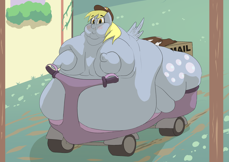 Size: 3163x2243 | Tagged: questionable, artist:lupin quill, derpibooru import, derpy hooves, pegasus, pony, aderpose, bingo wings, blushing, chubby cheeks, clothes, double chin, fat, fat fetish, female, fetish, flabby chest, frog (hoof), grin, hat, image, looking at you, mailmare, mailmare hat, mailmare uniform, mobility scooter, morbidly obese, multichin, near immobile, neck roll, obese, png, ponyville, rolls of fat, sitting, smiling, solo, solo female, spread wings, underhoof, uniform, wings