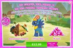 Size: 1957x1295 | Tagged: safe, derpibooru import, official, prince hisan, pegasus, pony, advertisement, blue coat, blue fur, bucket, bush, clothes, costs real money, egyptian, egyptian headdress, egyptian pony, english, fake beard, gameloft, gem, image, jpeg, male, numbers, orange mane, orange tail, palm tree, pyramid, sale, see-through, solo, solo focus, spread wings, stallion, tail, text, tree, vase, wings