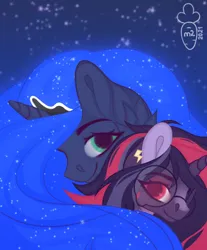 Size: 1152x1388 | Tagged: safe, derpibooru import, princess luna, oc, alicorn, pony, unicorn, bust, canon x oc, commission, cute, duo, fanfic art, glasses, image, night, png, portrait, ych example, ych result, your character here