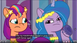 Size: 1483x837 | Tagged: safe, derpibooru import, edit, edited screencap, screencap, izzy moonbow, sunny starscout, spoiler:tyts01e32, baby critters, caption, foreshadowing, g5, image, meme, png, youtube caption