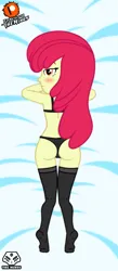 Size: 2385x5470 | Tagged: suggestive, alternate version, artist:theminus, banned from derpibooru, ponybooru import, apple bloom, human, equestria girls, bedroom eyes, bloom butt, blushing, butt, clothes, feet, female, image, jpeg, lingerie, lolicon, looking at you, looking back, looking back at you, solo, underage