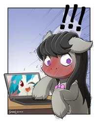 Size: 1600x2000 | Tagged: safe, artist:symbianl, derpibooru import, octavia melody, vinyl scratch, earth pony, pony, unicorn, blushing, computer, floppy ears, image, komi can't communicate, laptop computer, png, tavi can't communicate