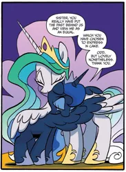 Size: 750x1023 | Tagged: safe, artist:jay fosgitt, derpibooru import, idw, princess celestia, princess luna, alicorn, pony, friends forever, spoiler:comic, dialogue, duo, female, g4, hug, image, jpeg, mare, royal sisters, siblings, sisters, winghug, wings