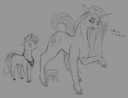 Size: 2800x2150 | Tagged: suggestive, artist:stray prey, derpibooru import, oc, oc:lucent, oc:sunbeam, unofficial characters only, pony, unicorn, descriptive noise, duo, female, image, larger female, male, monochrome, png, size difference, smaller male