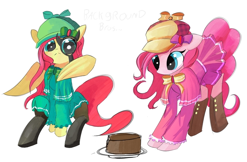 Size: 1800x1180 | Tagged: safe, artist:solid shrimp, derpibooru import, fluttershy, pinkie pie, earth pony, pegasus, pony, boots, cake, clothes, crossover, dress, female, food, hat, hercule barton, image, jpeg, magnifying glass, mare, sherlock shellingford, shoes, simple background, tantei opera milky holmes, tights, wing hands, wings