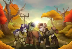 Size: 1920x1304 | Tagged: safe, artist:magicstarfriends, derpibooru import, oc, oc:bronco wild, oc:silent kosmos, oc:trueshot, unofficial characters only, earth pony, pegasus, pony, fallout equestria, armor, clothes, image, mareford militia, ncr, ncr ranger, png, power armor, royal guard