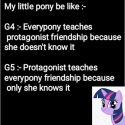 Size: 1920x1920 | Tagged: safe, derpibooru import, twilight sparkle, pony, unicorn, faic, female, g4, g4 to g5, g5, generation leap, image, jpeg, mare, meme, no pony, smiling, smirk, solo, text, twiface, unicorn twilight