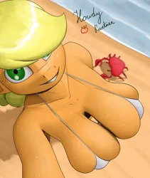 Size: 1348x1600 | Tagged: suggestive, artist:creatiffy, derpibooru import, applejack, anthro, crab, earth pony, pony, beach, big breasts, bikini, boob freckles, breasts, busty applejack, chest freckles, cleavage, clothes, female, freckles, high angle, huge breasts, image, looking at you, looking up, looking up at you, mare, png, selfie, shoulder freckles, smiling, smiling at you, solo, swimsuit, tight clothing