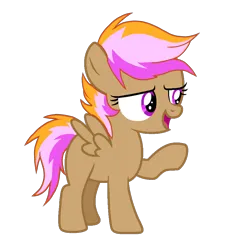 Size: 3033x3072 | Tagged: source needed, safe, artist:taeko, derpibooru import, oc, oc:sparky speed, pegasus, pony, 2022, beige fur, colored, female, filly, flat colors, foal, image, looking offscreen, magical lesbian spawn, multicolored mane, multicolored tail, offspring, open mouth, parent:rainbow dash, parent:scootaloo, parents:scootadash, pegasus oc, png, purple eyes, raised hoof, simple background, solo, spread wings, tail, transparent background, wings
