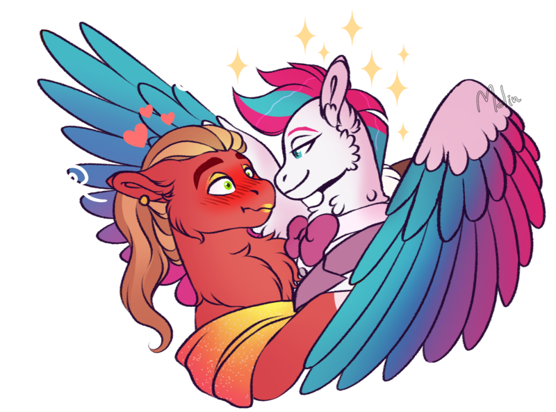 Size: 3017x2237 | Tagged: safe, artist:malinraf1615, derpibooru import, sprout cloverleaf, zipp storm, earth pony, pegasus, pony, bowtie, chest fluff, crossdressing, duo, ear piercing, earring, eyeshadow, female, femboy, g5, heart, image, jewelry, kiss mark, lipstick, makeup, male, mare, piercing, png, shipping, simple background, stallion, stars, straight, tomboy, transparent background, zippsprout