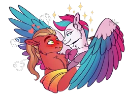 Size: 3017x2237 | Tagged: safe, artist:malinraf1615, derpibooru import, sprout cloverleaf, zipp storm, earth pony, pegasus, pony, bowtie, chest fluff, crossdressing, duo, ear piercing, earring, eyeshadow, female, femboy, g5, heart, image, jewelry, kiss mark, lipstick, makeup, male, mare, piercing, png, shipping, simple background, stallion, stars, straight, tomboy, transparent background, zippsprout