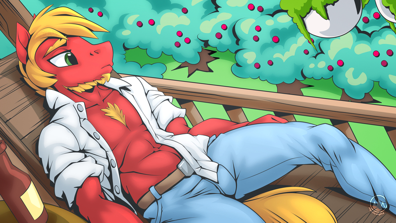 Size: 1920x1080 | Tagged: suggestive, artist:mysticalpha, derpibooru import, part of a set, big macintosh, anthro, earth pony, pony, abs, apple, apple tree, beard, beer bottle, belly button, bottle, chest hair, clothes, denim, facial hair, food, image, jeans, jpeg, looking at something, lounging, male, open clothes, open shirt, pants, stallion, stupid sexy big macintosh, toned, tree