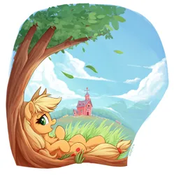 Size: 1706x1714 | Tagged: safe, artist:zeepheru_pone, derpibooru import, applejack, earth pony, pony, applejack's hat, cloud, cowboy hat, ear fluff, falling leaves, female, full body, grass, hat, image, leaves, looking at you, lying down, mare, mountain, png, solo, solo female, sweet apple acres, sweet apple acres barn, tree