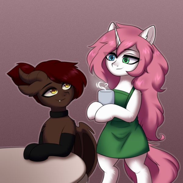 Size: 2000x2000 | Tagged: safe, artist:alunedoodle, derpibooru import, oc, oc:bubblegum kiss, oc:whiskey dreams, unofficial characters only, demon, demon pony, incubus, original species, unicorn, apron, clothes, coffee cup, coffee mug, couple, cup, image, mug, png