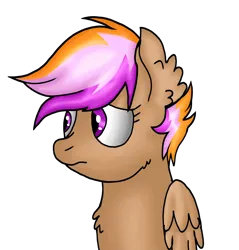 Size: 2242x2345 | Tagged: safe, artist:taeko, derpibooru import, oc, oc:sparky speed, unofficial characters only, pegasus, pony, 2022, beige fur, cheek fluff, chest fluff, ear fluff, female, folded wings, frown, image, looking to side, magical lesbian spawn, mare, multicolored mane, offspring, older, parent:rainbow dash, parent:scootaloo, parents:scootadash, pegasus oc, png, purple eyes, shading, simple background, solo, transparent background, wings