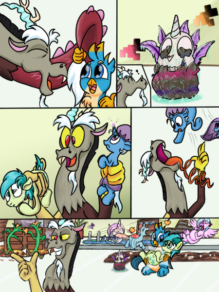 Size: 768x1024 | Tagged: questionable, artist:doomfister, artist:mrleft, derpibooru import, discord, gallus, ocellus, silverstream, trixie, twilight sparkle, twilight sparkle (alicorn), alicorn, changeling, draconequus, earth pony, gryphon, hippogriff, pony, unicorn, series:school snacks, female, image, mare, png, predcord, preylight, story in the source, trixie prey, vore